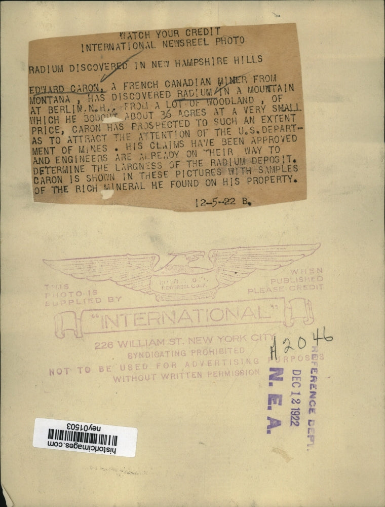 1922 Press Photo Edward Caron French Canadian miner & radium discovery