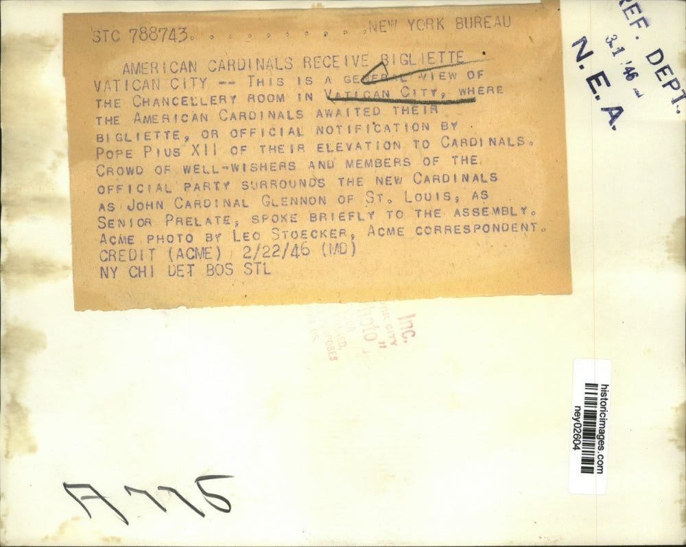 1946 Press Photo John Cardinal Glennon at Chancellery Room in Vatican City