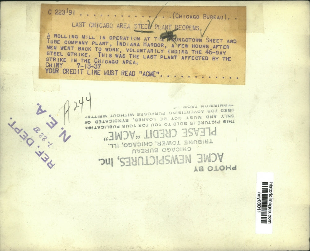 1937 Press Photo Youngstown Sheet & Tube Comp Plant Reopens After 46 Day Strike