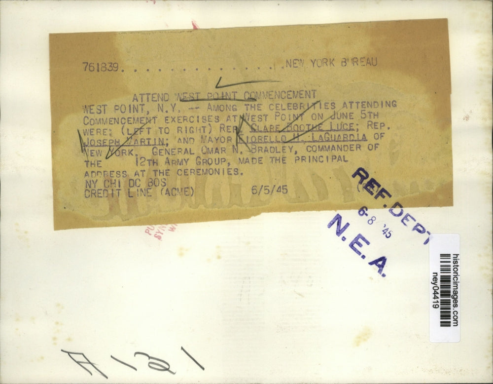 1946 Press Photo Clare Luce, Rep Martin & Mayor LaGuardia West Point Graduation