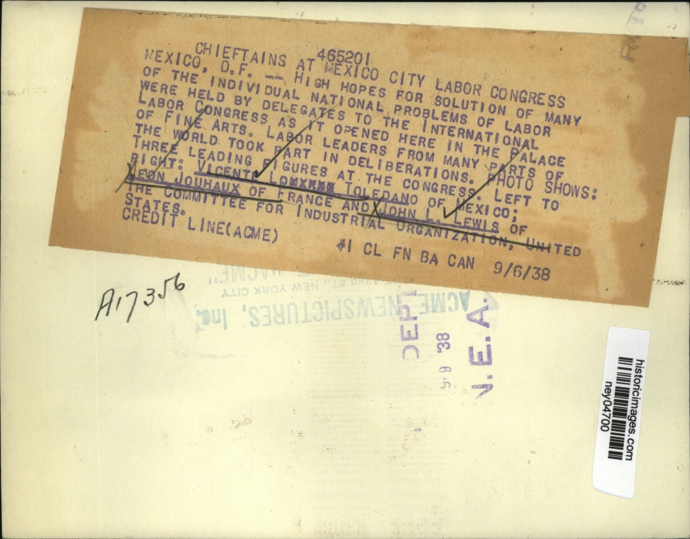 1938 Press Photo V Toledano L Jouhaux John Lewis International Labor Conference