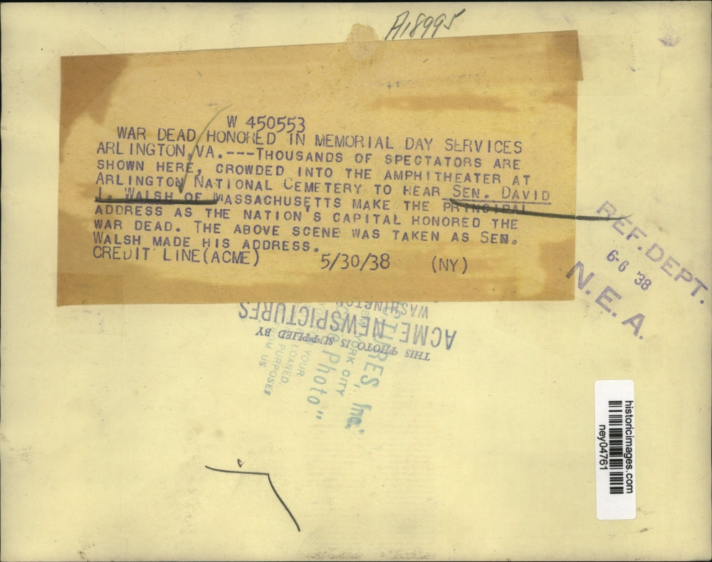 1938 Press Photo Senator David I Walsh Speaks on Memorial Day Arlington Cemetery