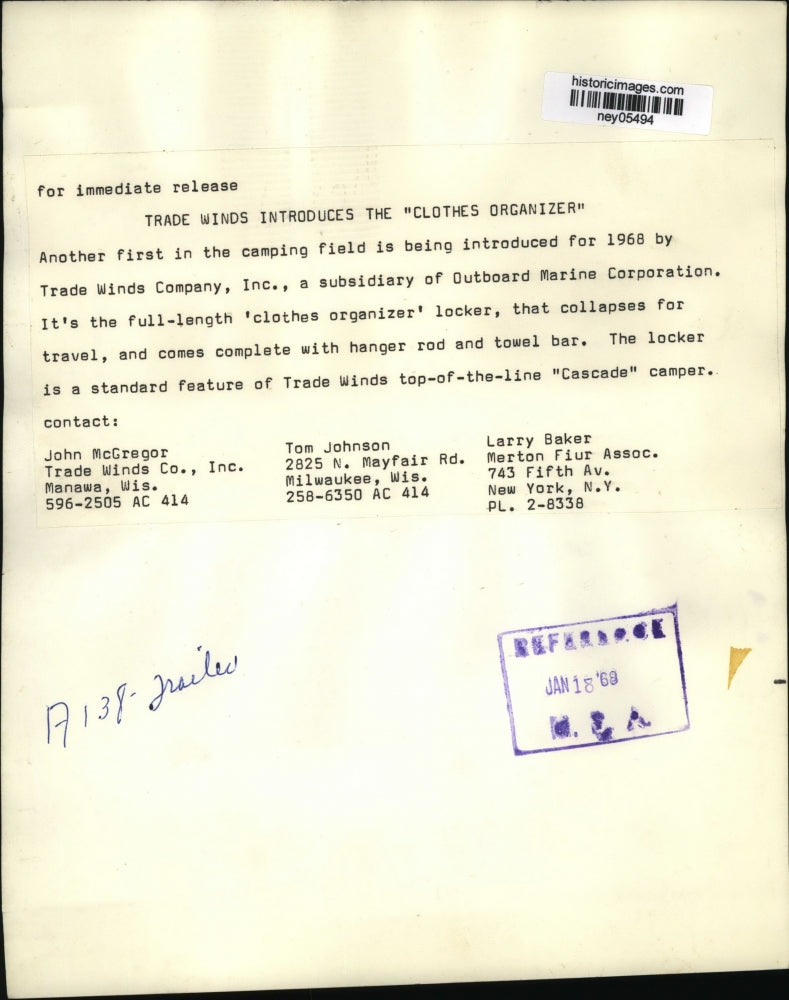 1969 Press Photo Clothes Organizer for Trade Winds Comp in Cascade Camper