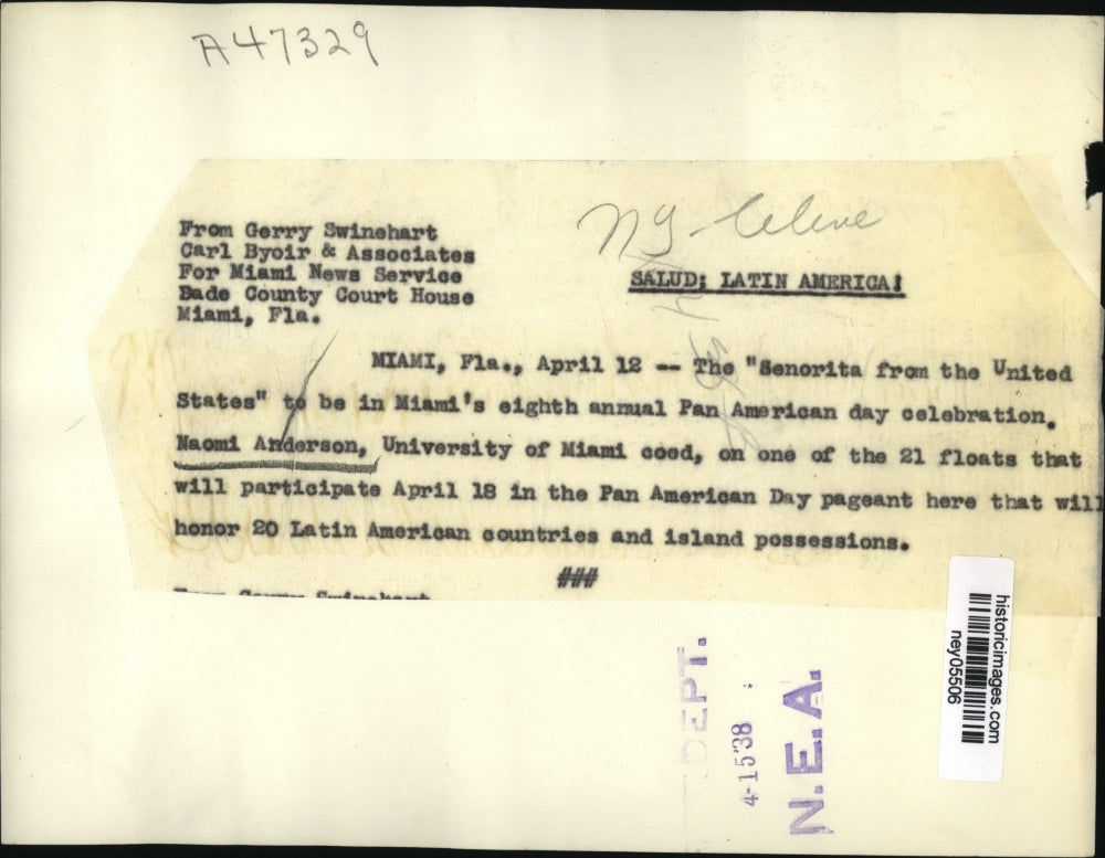 1938 Press Photo Naomi Anderson, Univ of Miami coed, Pan American pageant Miami