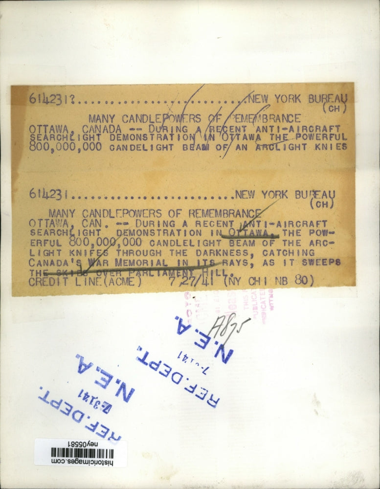 1941 Press Photo Candlelight beam of Canada's War Memorial Ottawa, Canada