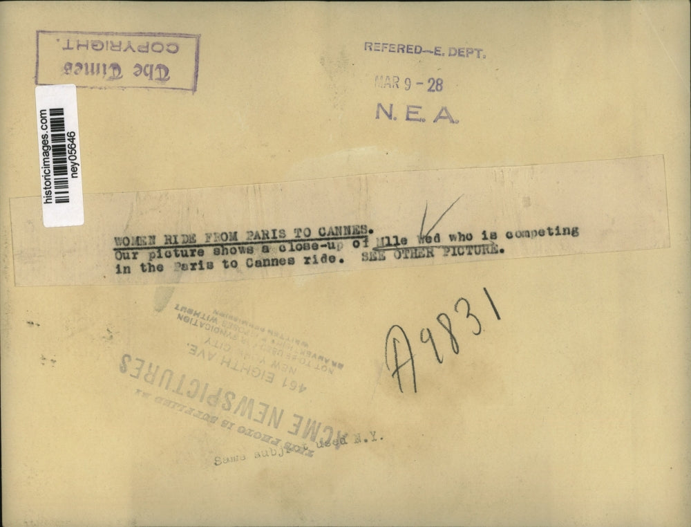 1928 Press Photo Mlle Wed competes in horse ride from Paris to Cannes