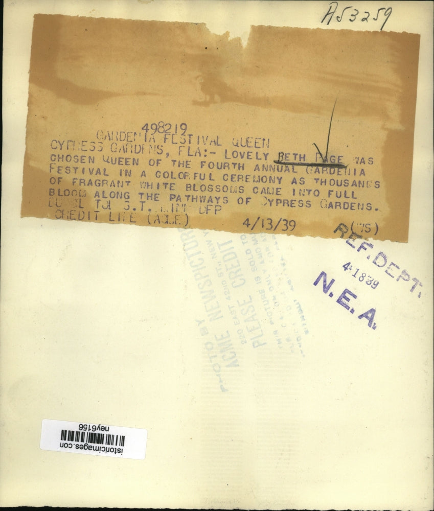 1939 Press Photo Beth Page chosen queen of Gardenia Festival