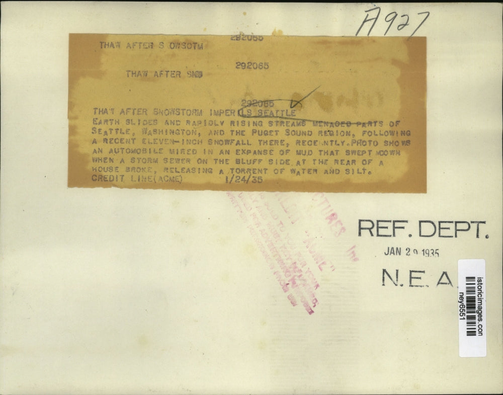 1935 Press Photo Thaw after snowstorm imperils Seattle
