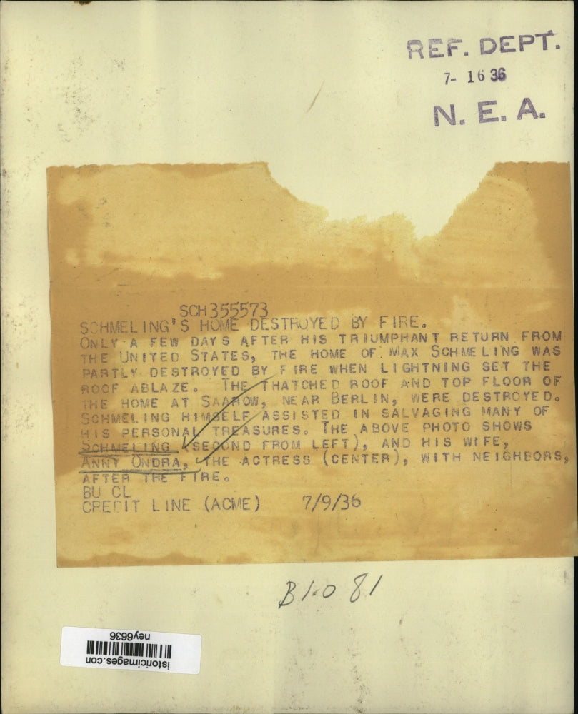 1936 Press Photo Max Schmeling's Home Destroyed by Fire Near Berlin