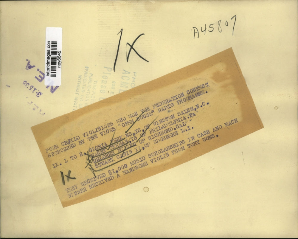 1938 Press Photo 4 Child Violinists Won Federation Contest Radio Program