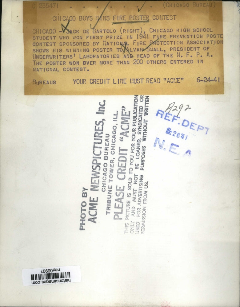 1941 Press Photo Jack De Bartolo Chicago Student Wins Fire Poster Contest