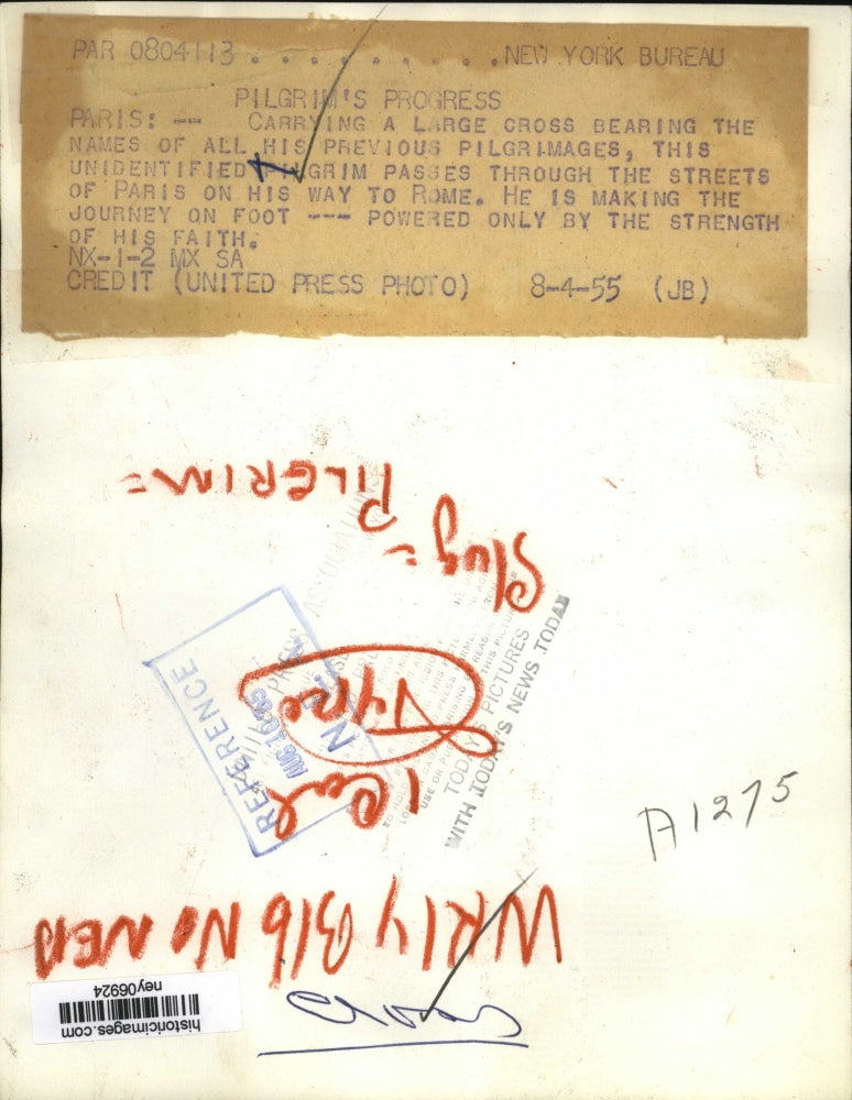 1955 Press Photo Carries Cross with Names of Previous Pilgrimages in Paris