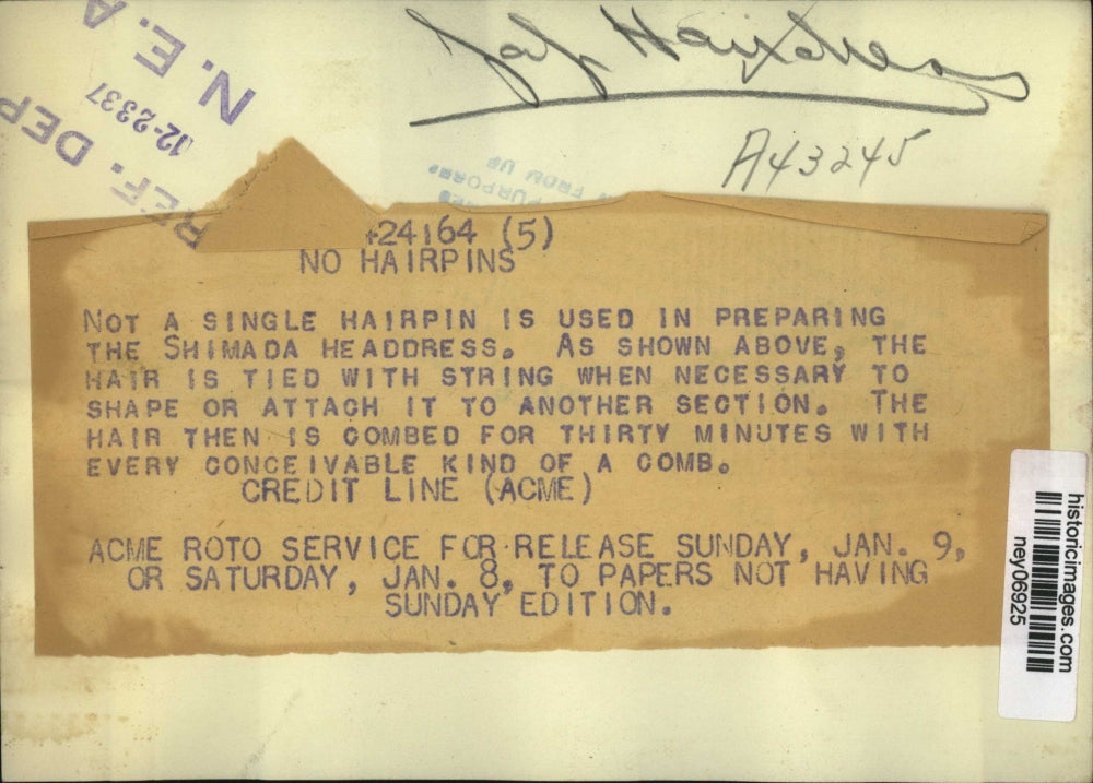 1937 Press Photo No Hairpins Used in The Shimada Headdress