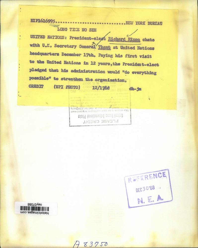 1968 Press Photo President Elect Richard Nixon & US Sec General Thant at UN