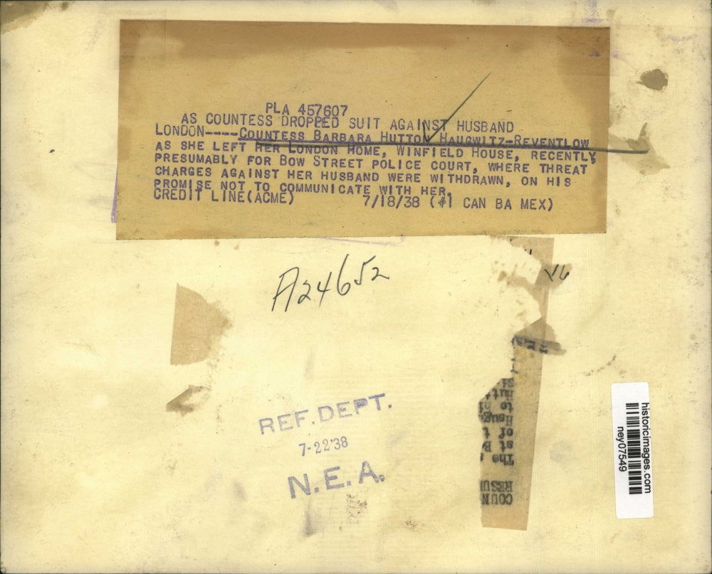 1938 Press Photo Countess Barbara Hutton Haugwitz Reventlow Leaving Home