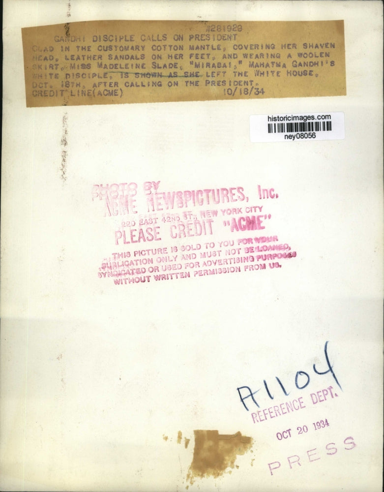 1934 Press Photo Miss Madeline Slade As SHe Left The White House - ney08056