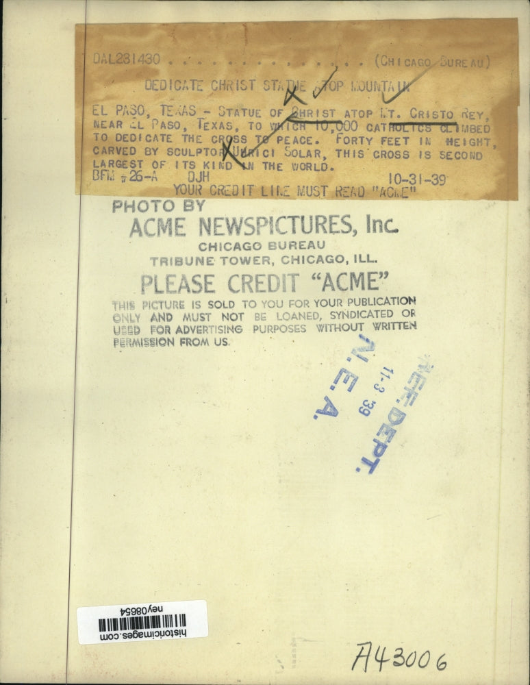 1939 Press Photo Statue Of Christ Atop Mt. Cristo Rey Sculpted By Uhrici Solar