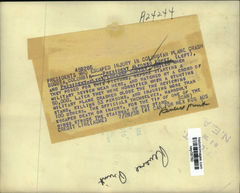 1938 Press Photo Colombian president Alfonso Lopez, pres-elect Eduardo Santor