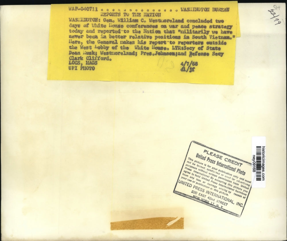 1968 Press Photo Gen. William C. Westmoreland with President Lyndon Johnson