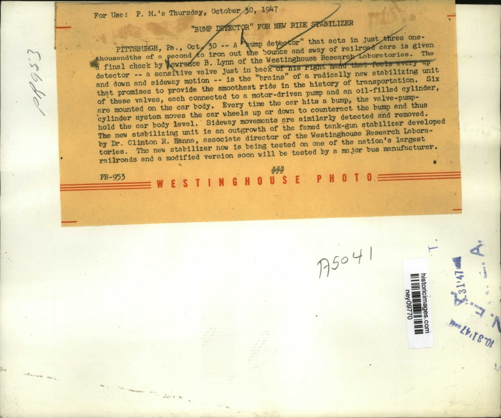 1947 Press Photo Bump detector used for railroads at Westinghouse Research Labs