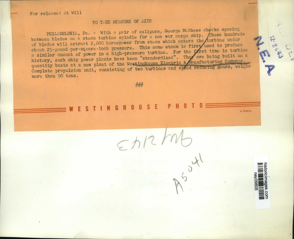 1943 Press Photo Pair of Calipors of Westinghouse Electric & Manufacturing Comp