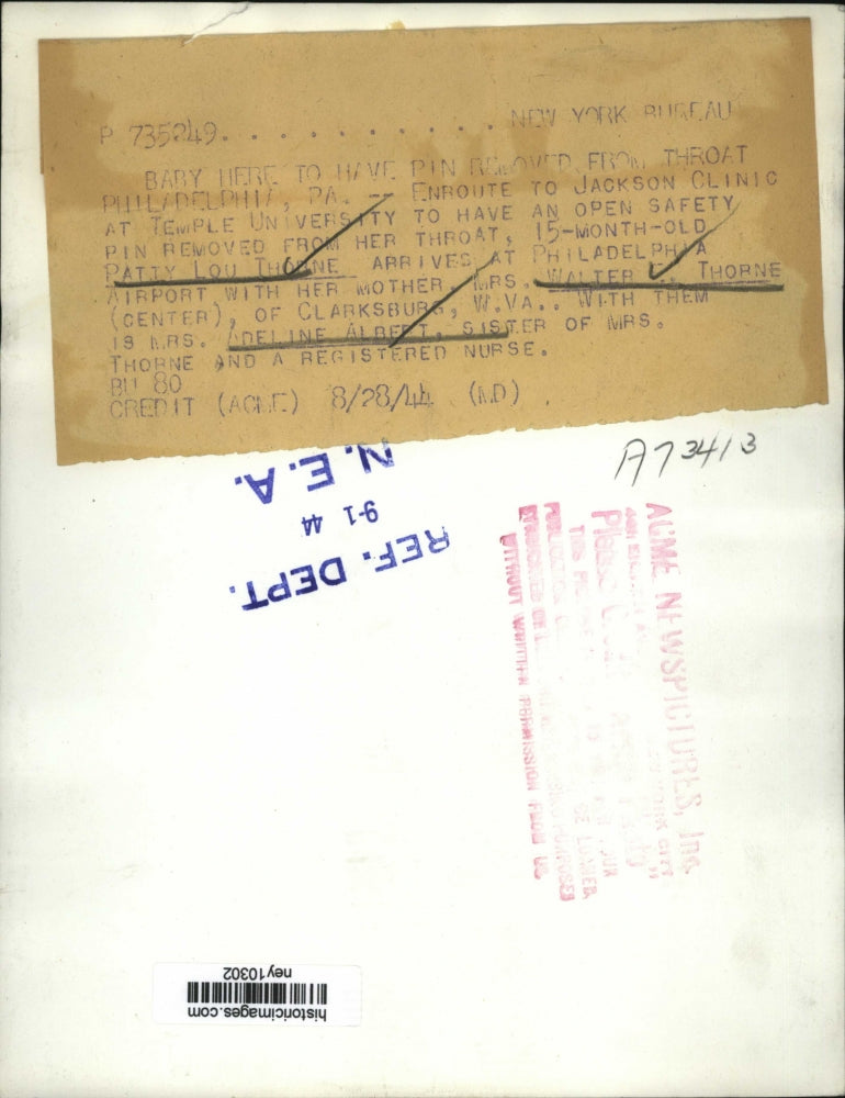 1944 Press Photo Baby Patty Lou Thorne at Temple University for Surgery