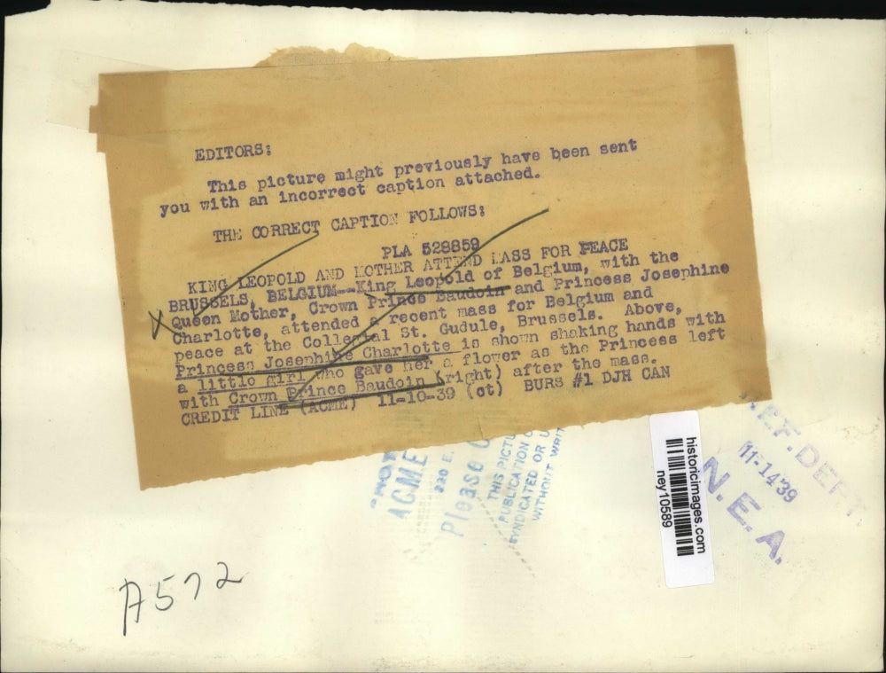 1939 Press Photo Royalties Attend The Mass At Brussels Belgium - ney10589