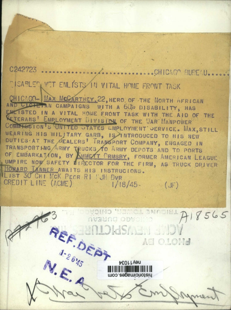 1945 Press Photo Max McCartney Disabled Veteran & Truck Driver Howard Tanner