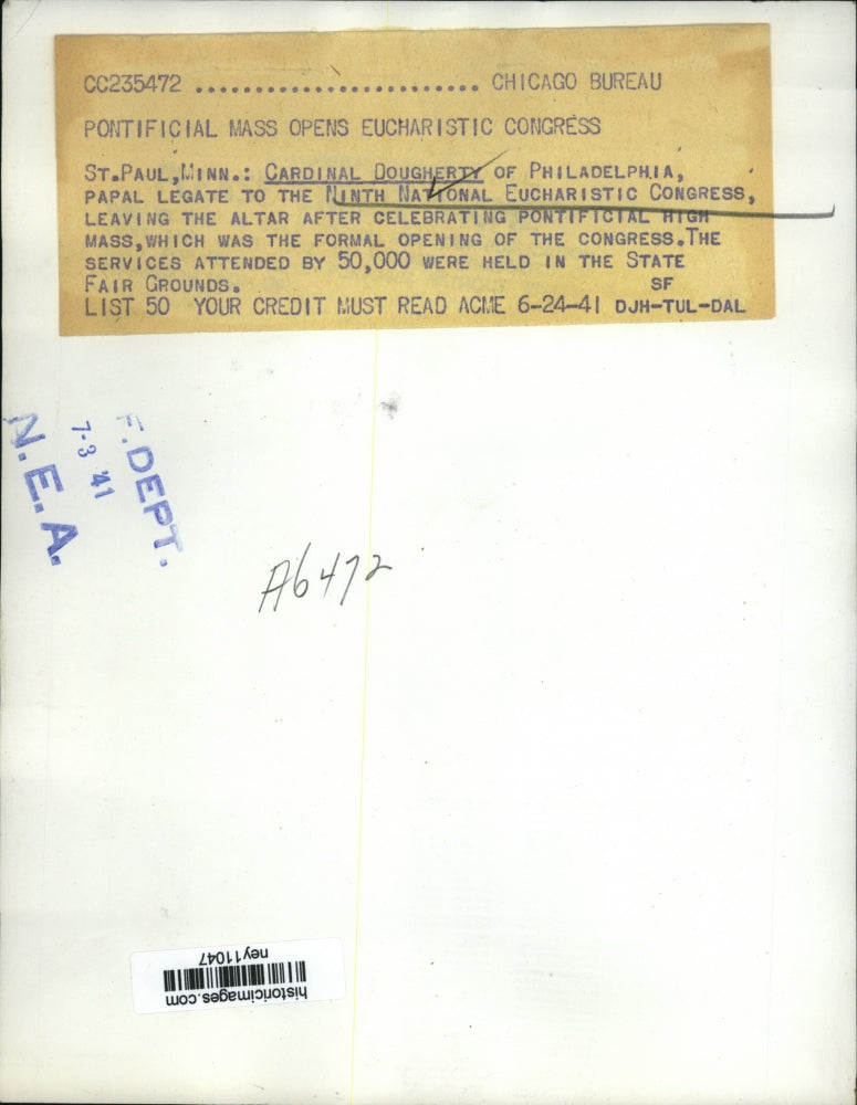 1941 Press Photo Cardinal Dougherty at 9th National Eucharistic Congress