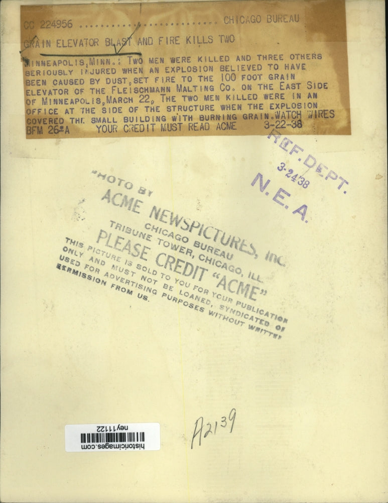 1938 Press Photo Grain Elevator Explosion, Fleischmann Malting Co., Minneapolis