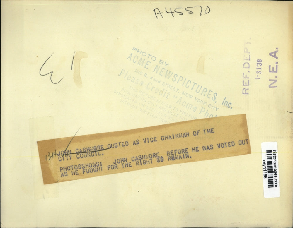 1938 Press Photo John Cashmore Before Being Ousted as City Council Chairman