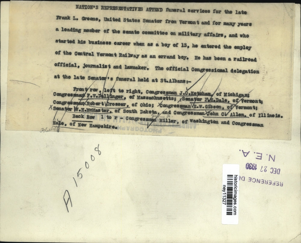 1930 Press Photo Senator Frank L Greene's Funeral Nations Representative Attend