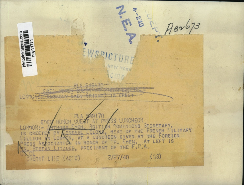 1940 Press Photo Anthony Eden honor Gen.Lelong, head of French Military