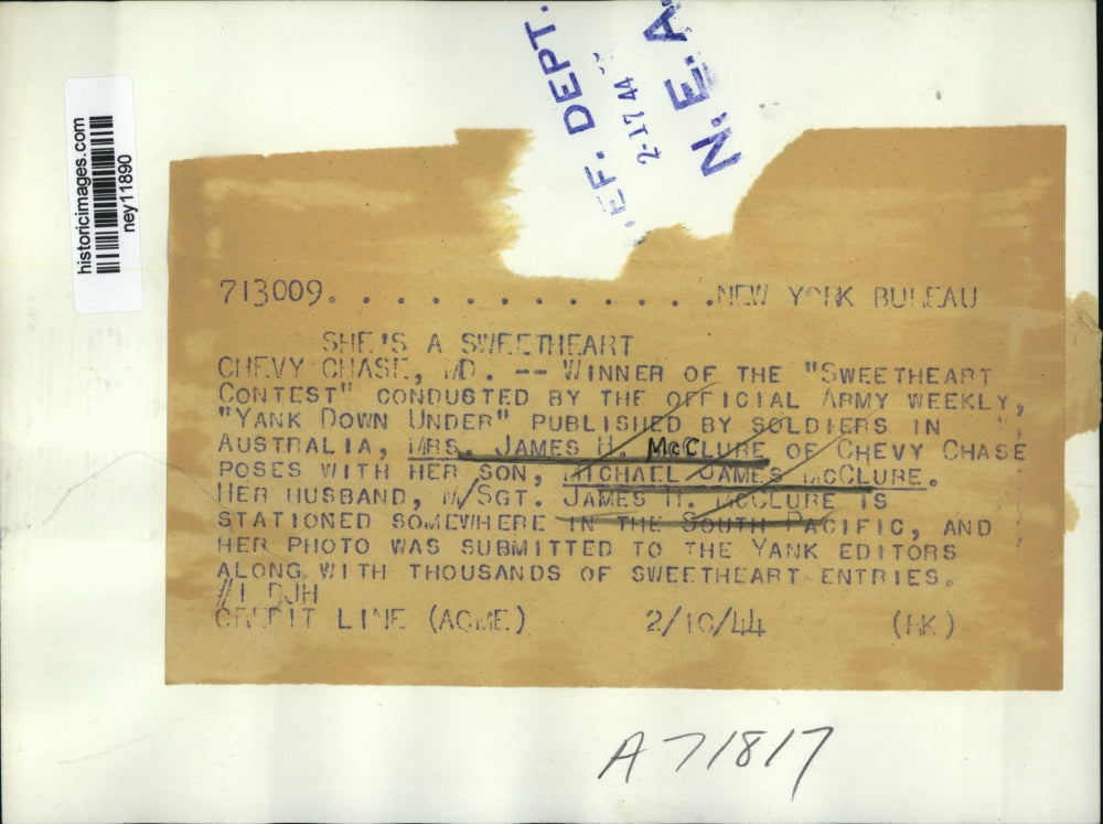 1944 Press Photo Mrs. James McClure of Chevy Chase, MD Wins Sweetheart Contest