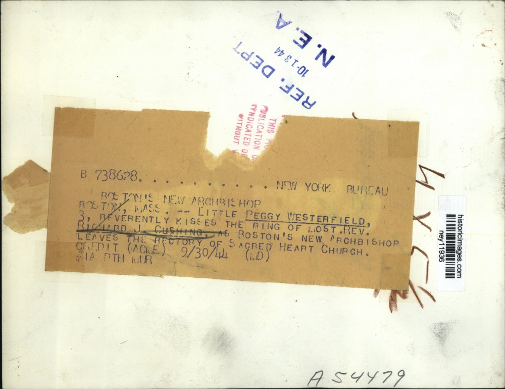 1944 Press Photo Peggy Westerfield & Reverend Richard Cushing Archbishop Boston