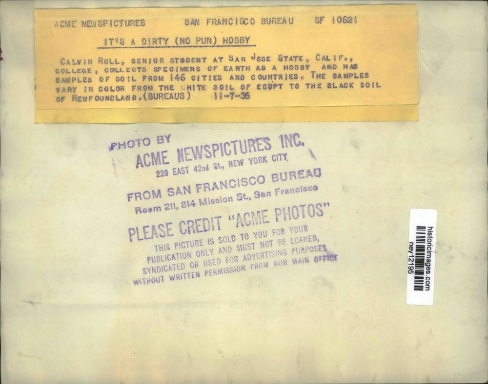 1935 Press Photo College Student Calvin Roll w Collection of Soil Samples