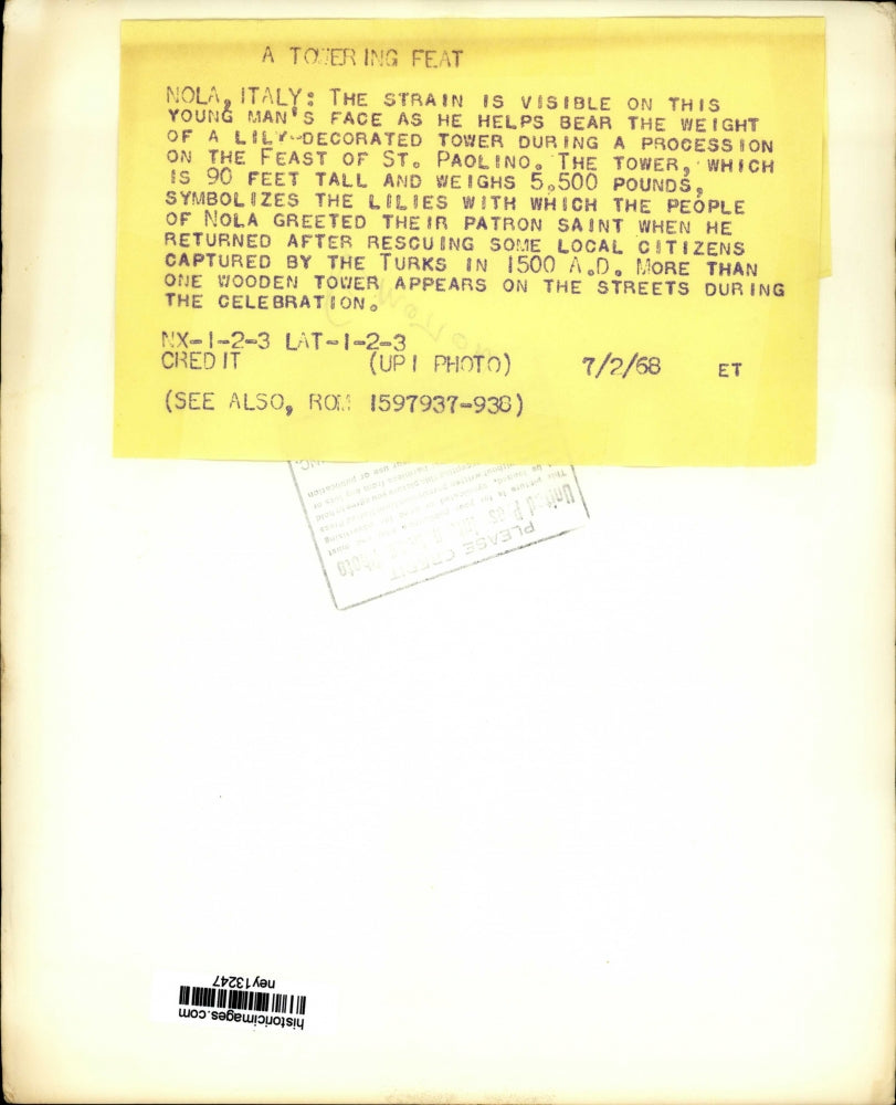 1968 Press Photo Young man during a procession on the Feast of St.Paolino