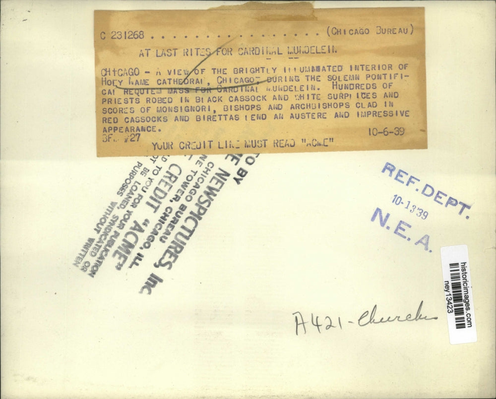 1939 Press Photo Pontifical Requiem Mass at Holy Name Cathedral, Chicago, Il