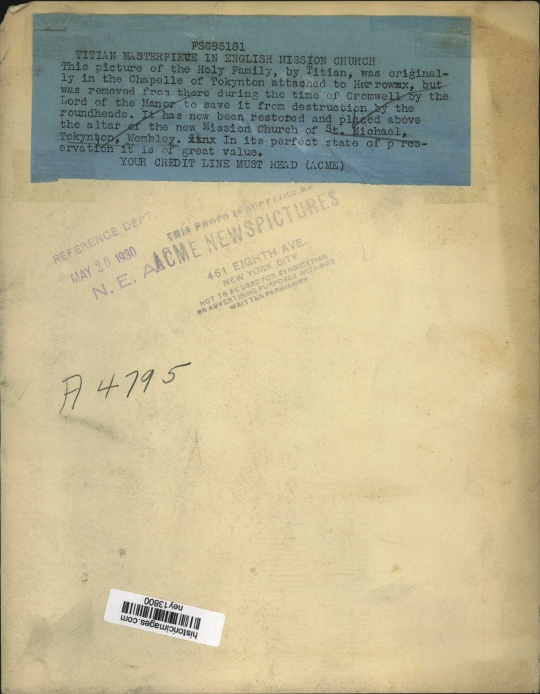 1930 Press Photo Titian Masterpiece at St.Michael Toynton,Wembley - ney13800