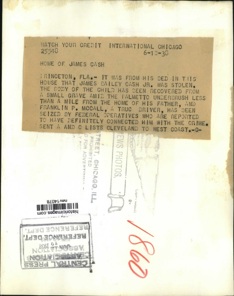 1938 Press Photo Home of Kidnapped Florida Boy James Bailey Cash Jr. - ney14078