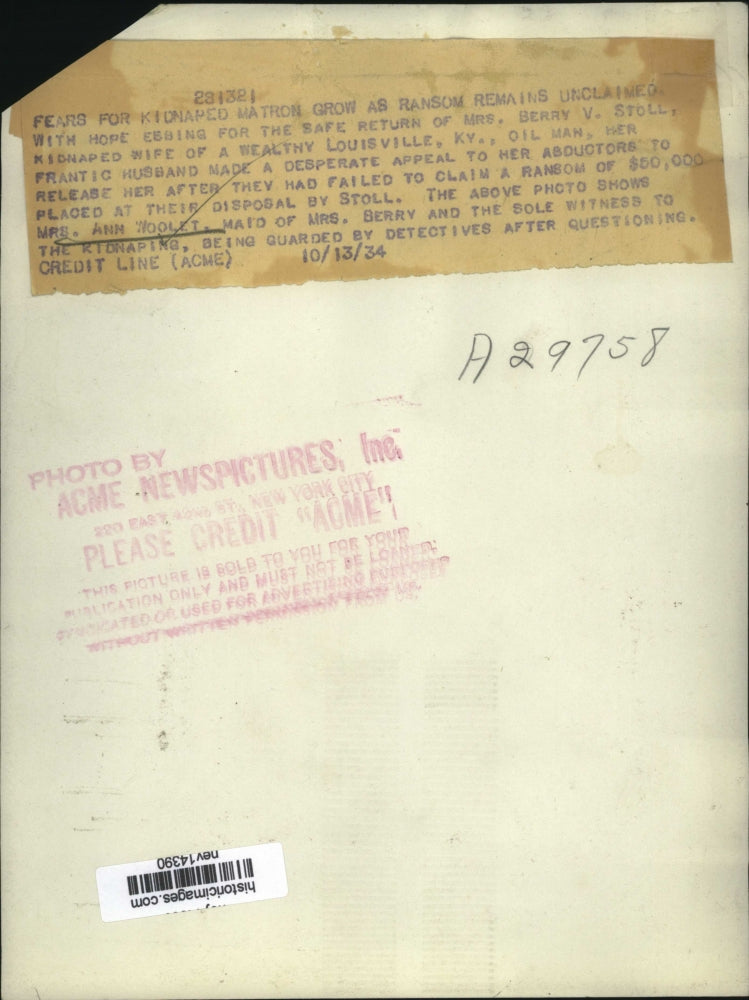 1934 Press Photo Mrs Ann Woolet Louisville, KY Kidnapping Witness after Question