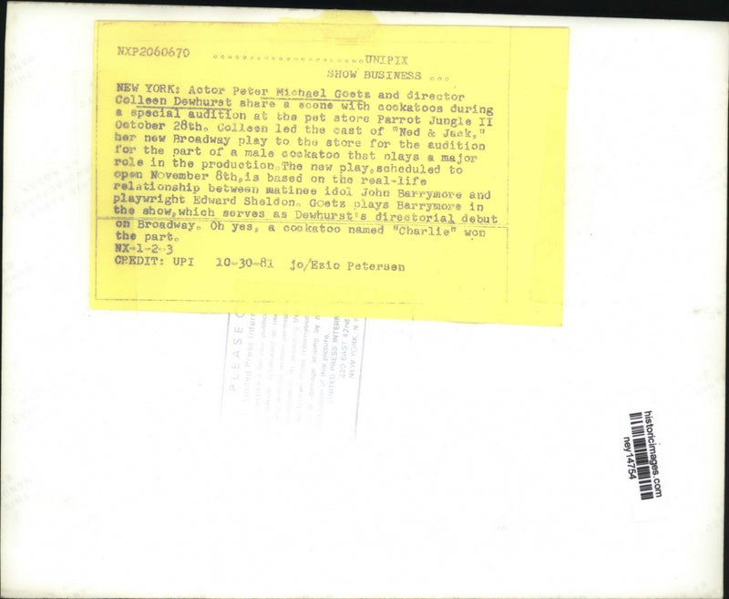 Load image into Gallery viewer, 1981 Press Photo Peter Michael Goetz, Colleen Dewburst And A Cockatoo
