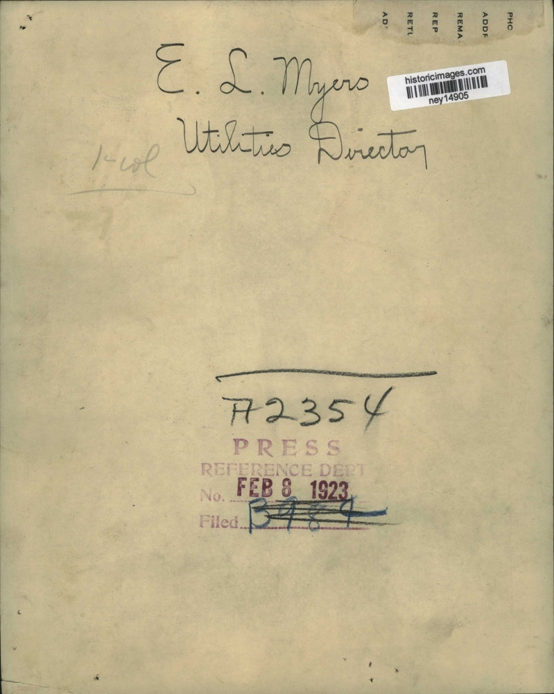 1923 Press Photo Utilities Director E.L. Myers - ney14905
