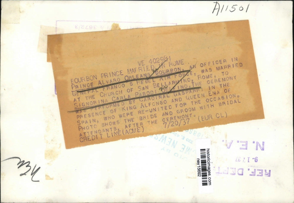 1937 Press Photo Prince Alvaro Orleans Bourbon & Signorina Carla Parodi Marry