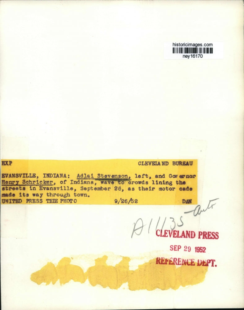 1952 Press Photo Governors Adlai Stevenson, Henry Schricker in Evansville Parade