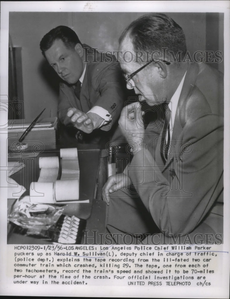 Load image into Gallery viewer, 1956 Press Photo Police Chief William Parker Commuter Train Crash Investigation
