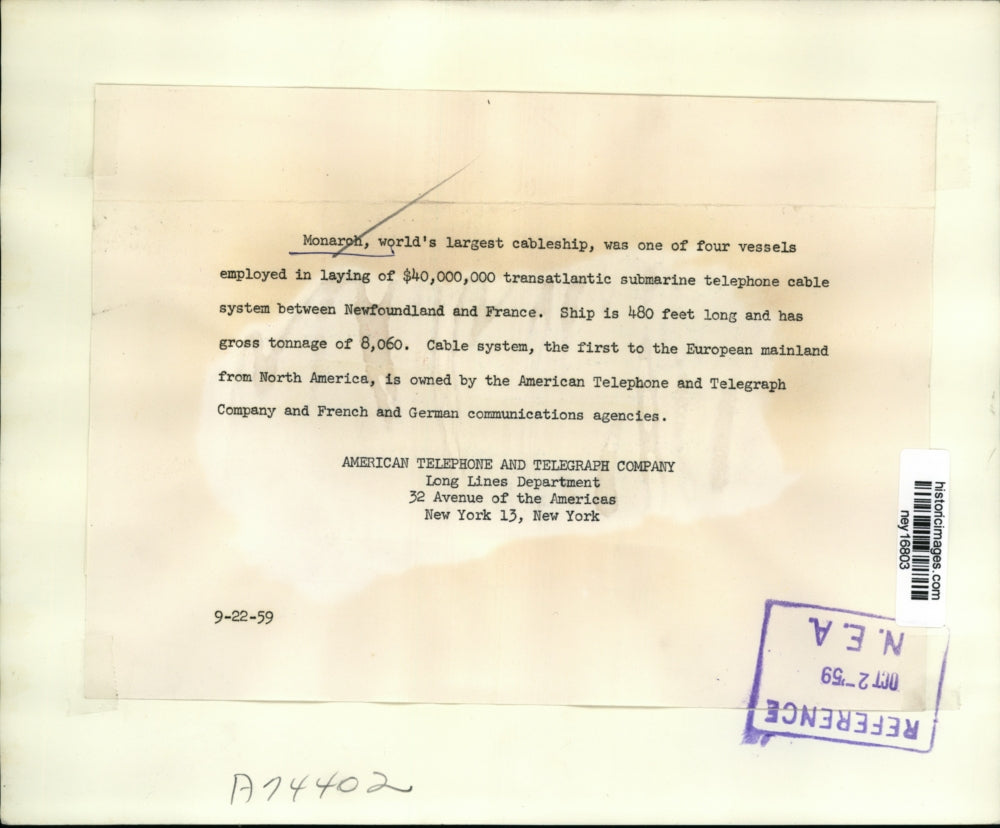 1959 Press Photo Monarch World's Largest Cableship 4 Vessels Used - ney16803