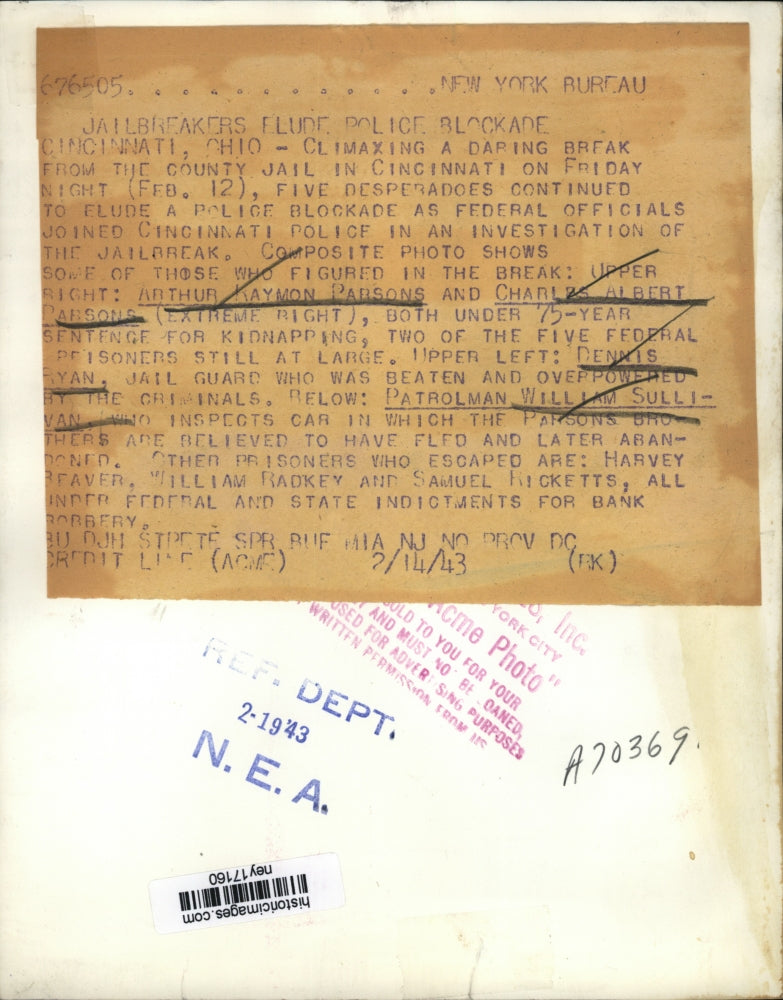 1943 Press Photo Kidnapping Criminals Break from Cincinnati Jail - ney17160