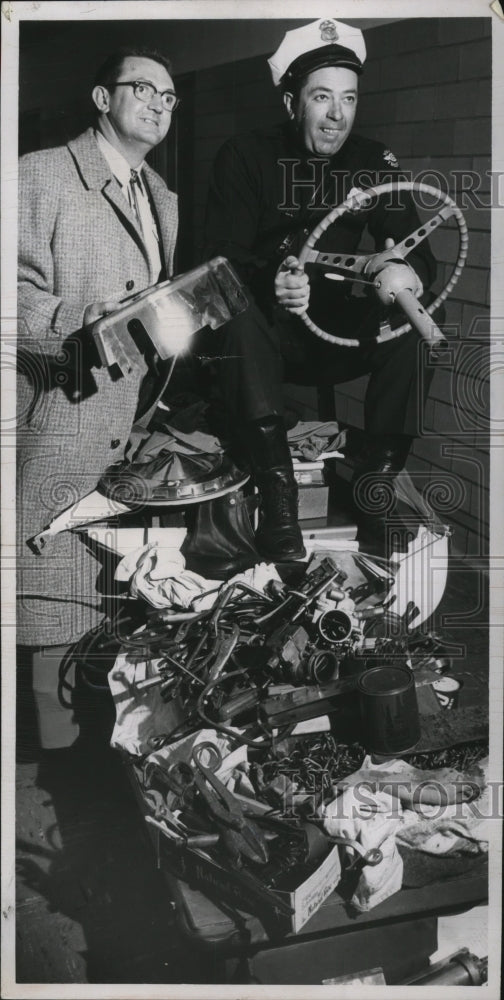 1958 Press Photo Police Frank Antonio Jr With Whats Left of Stolen Sports Car
