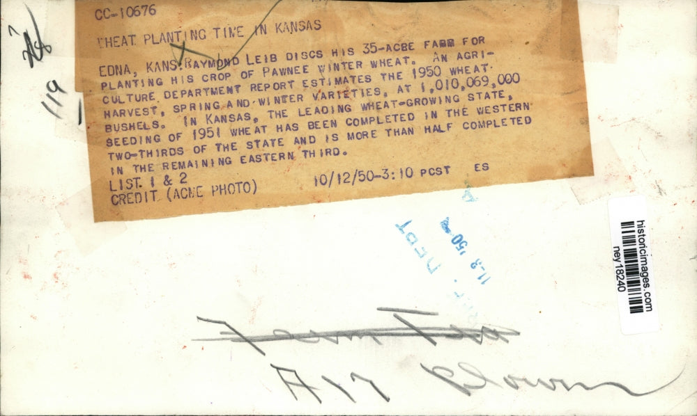 1950 Press Photo Raymond Leib on 35 Acre Farm Planting Wheat - ney18240